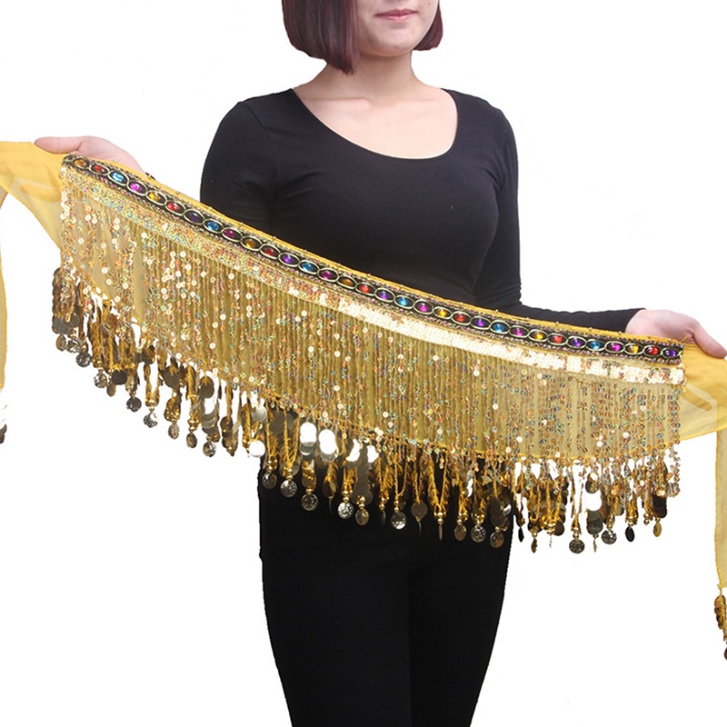 Thắt Lưng Dây Xích Bằng Vải Voan Phối Đồng Xu Vàng Nhiều Màu Dùng Múa Bụng