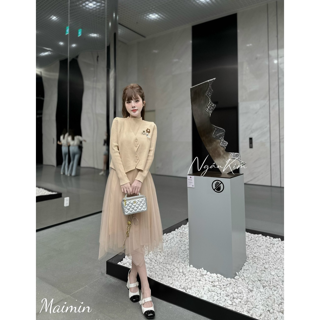 Set váy len chân voan áo gile hoa nhỏ hàng QC