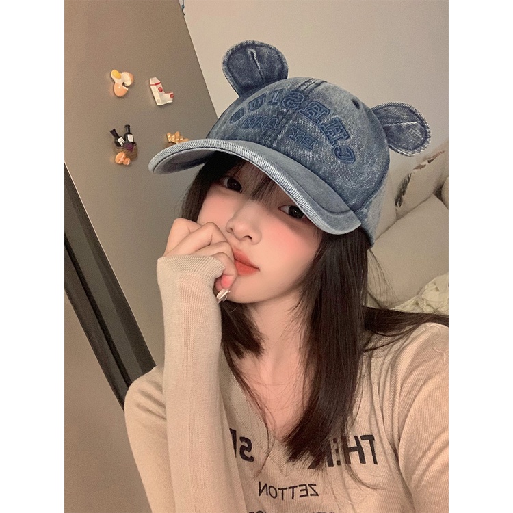 Mũ Lưỡi Trai denim Thêu Hình Tai Gấu Dễ Thương Phong Cách Hàn Quốc