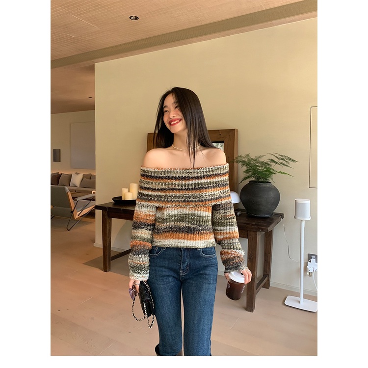 Áo sweater Hở Vai Họa Tiết Kẻ Sọc Nhiều Màu Thời Trang Mùa Xuân 2023 Cho Nữ 3mvp