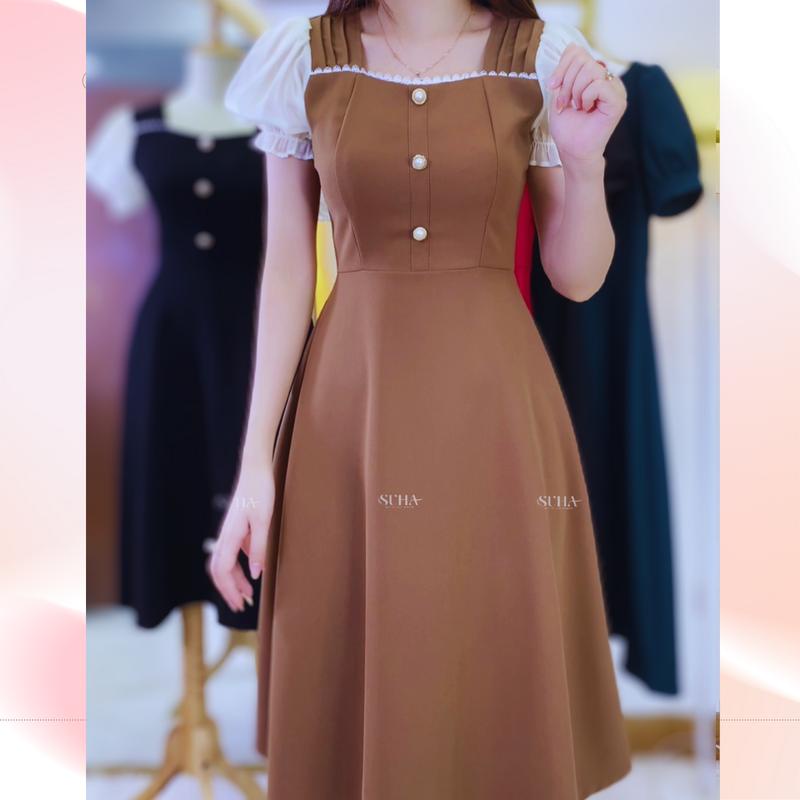 Váy công sở đẹp vai bồng phối tay trắng, cổ vuông Irene Dress V647 
 SUHA Fashion
