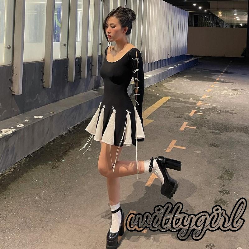 Đầm mini Dài Tay Thắt Nơ Màu Sắc Tương Phản Thời Trang Đi Biển Cho Nữ