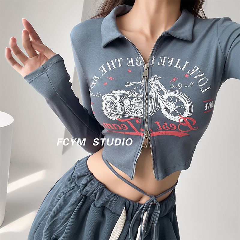 Áo baby tee y2k croptop tay dài áo thu đông Áo phông áo thun nữ croptop dài tay Áo Thun Ngắn Tay Dài Có Khóa Kéo Hai Lớp In Họa Tiết Xe Máy Phong Cách Mỹ
