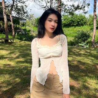 Áo ren hoa tay dài PINKSTORE29 kiểu xẻ tà phối viền bèo quyến rũ A5896