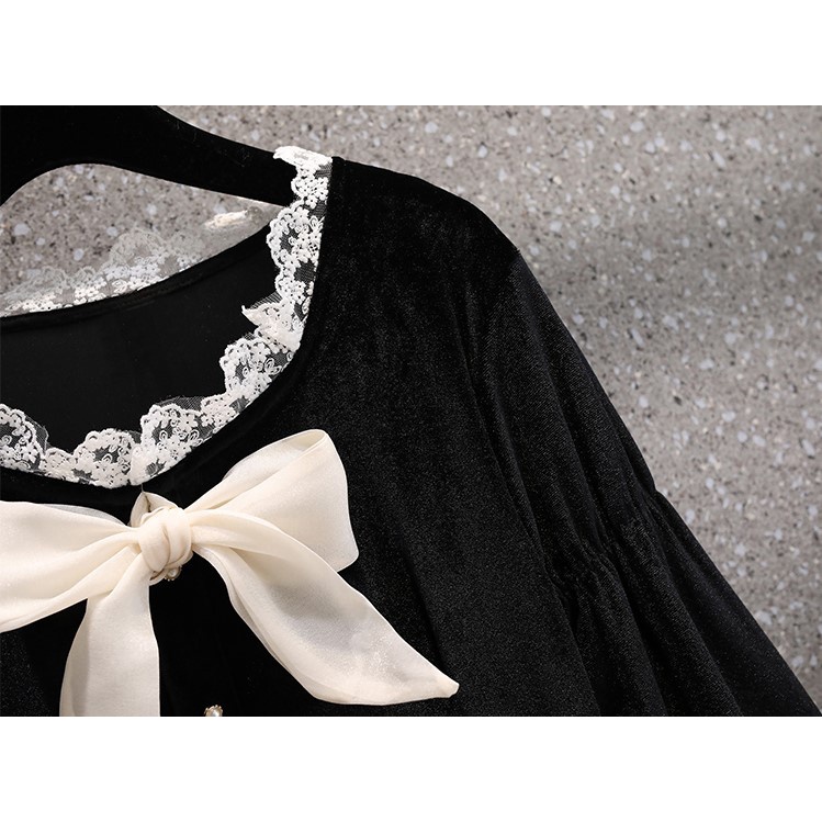 🌸Hàng Order🌸Váy Bigsize Nhung Đính Nơ Cổ Ren Đính Cúc Ngọc Phối  Váy Voan Tiểu Thư Nữ Tính🌸Hàng Quảng Châu