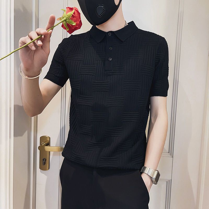 Áo Thun polo Vải Lụa Lạnh Mỏng Dáng Ôm Kẻ Sọc Thoáng Khí Thời Trang Cho Nam