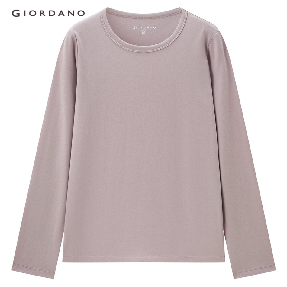 Áo thun GIORDANO 13322882 tay dài cổ tròn màu trơn vải cotton 100% phong cách trẻ trung thường ngày cho nữ