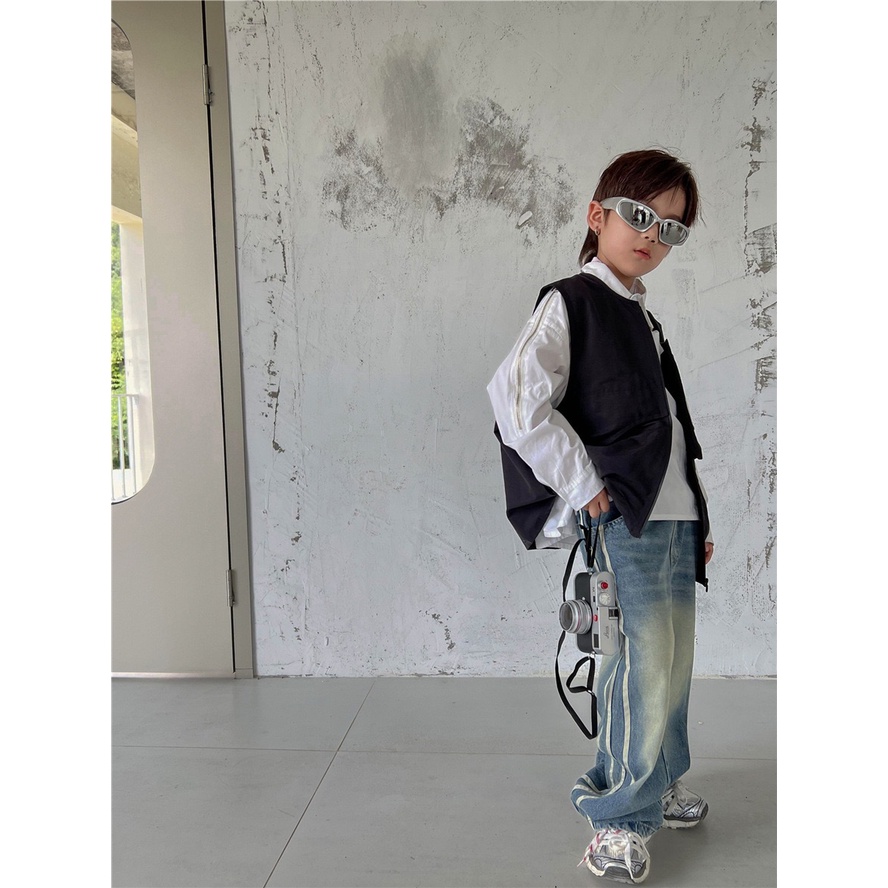 Quần jean ống suông bé trai SIZE ĐẠI QB641 size 90-160 màu xanh mài sọc bên, thời trang trẻ em thu đông 2023