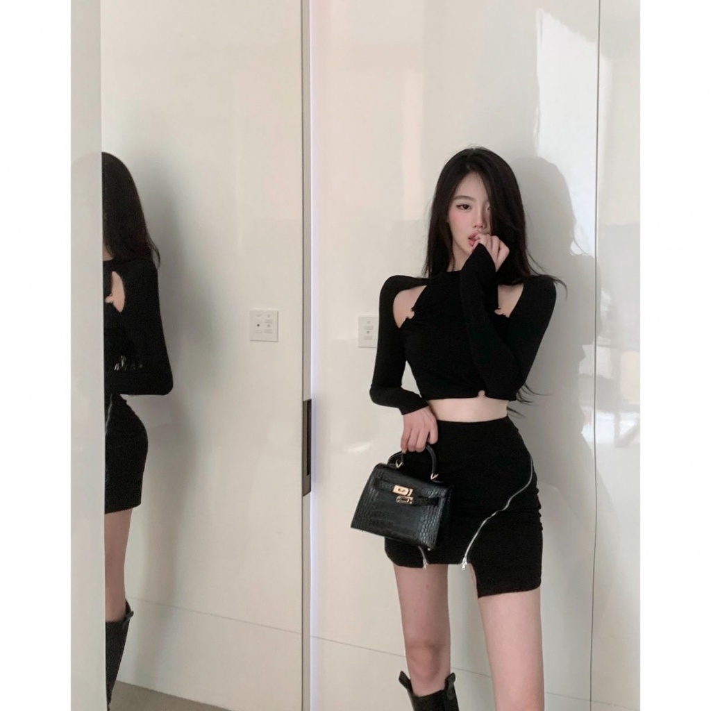 Set Áo Khoác Da + Chân Váy Lưng Cao Màu Sắc Tương Phản Thời Trang Mùa Xuân Cho Nữ
