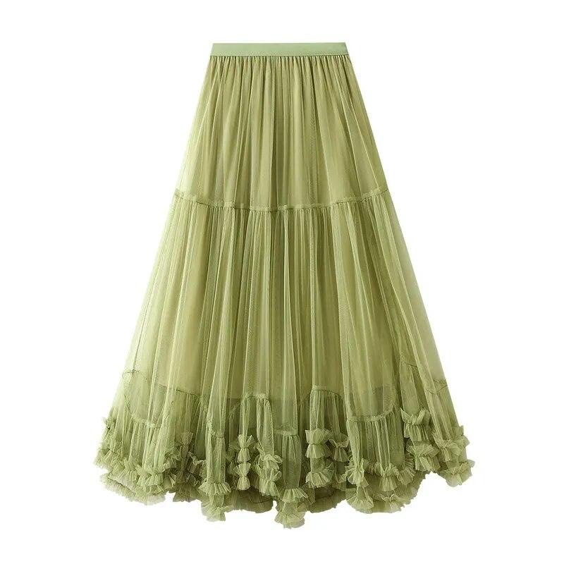 Qooth Nữ Ngọt Ngào Voan Bánh Váy Lưới Thanh Lịch Lưng Co Giãn Cổ Dài Chữ A Váy Tutu Lớn Xoay Cho Tất Cả các Mùa QT2227