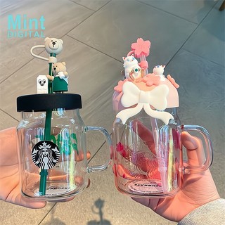  Starbucks Bình Nước Thủy Tinh Trong Suốt Chịu Nhiệt Có Tay Cầm Và Ống Hút Hình Gấu Màu Xanh Lá   Hồng Dễ Thương 