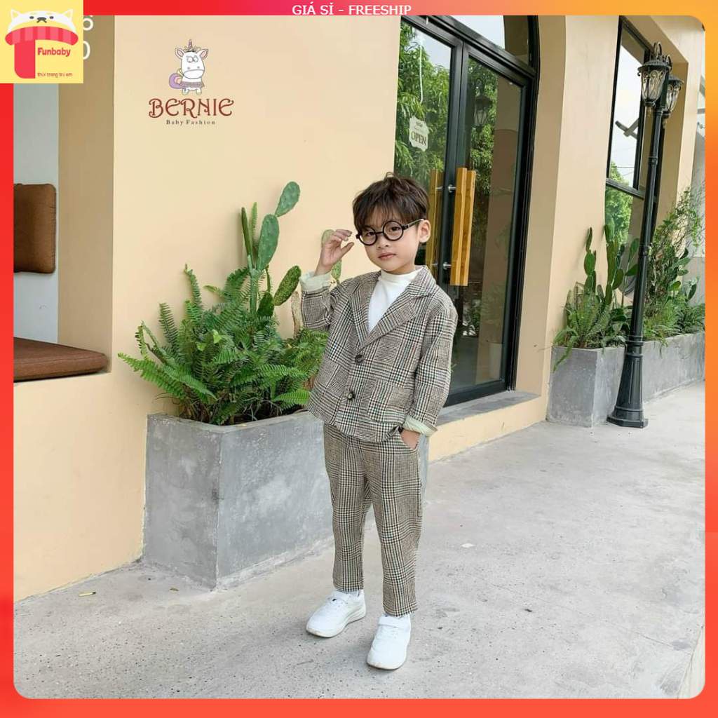 Set Bộ vest bé trai 1-7 tuổi vải dạ họa tiết kẻ, Bộ comle cho bé hàng thiết kế cao cấp