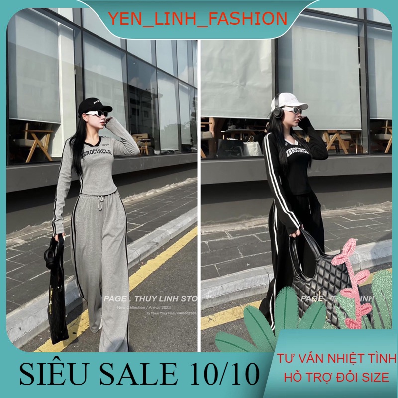 Set bộ cổ tim mix quần suông chạy sọc chất zip siêu đẹp