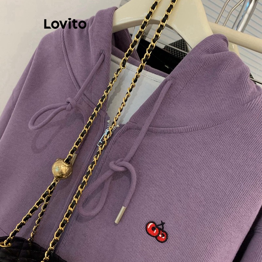 Lovito Áo khoác dây kéo thêu trơn thông thường cho nữ LNE30228