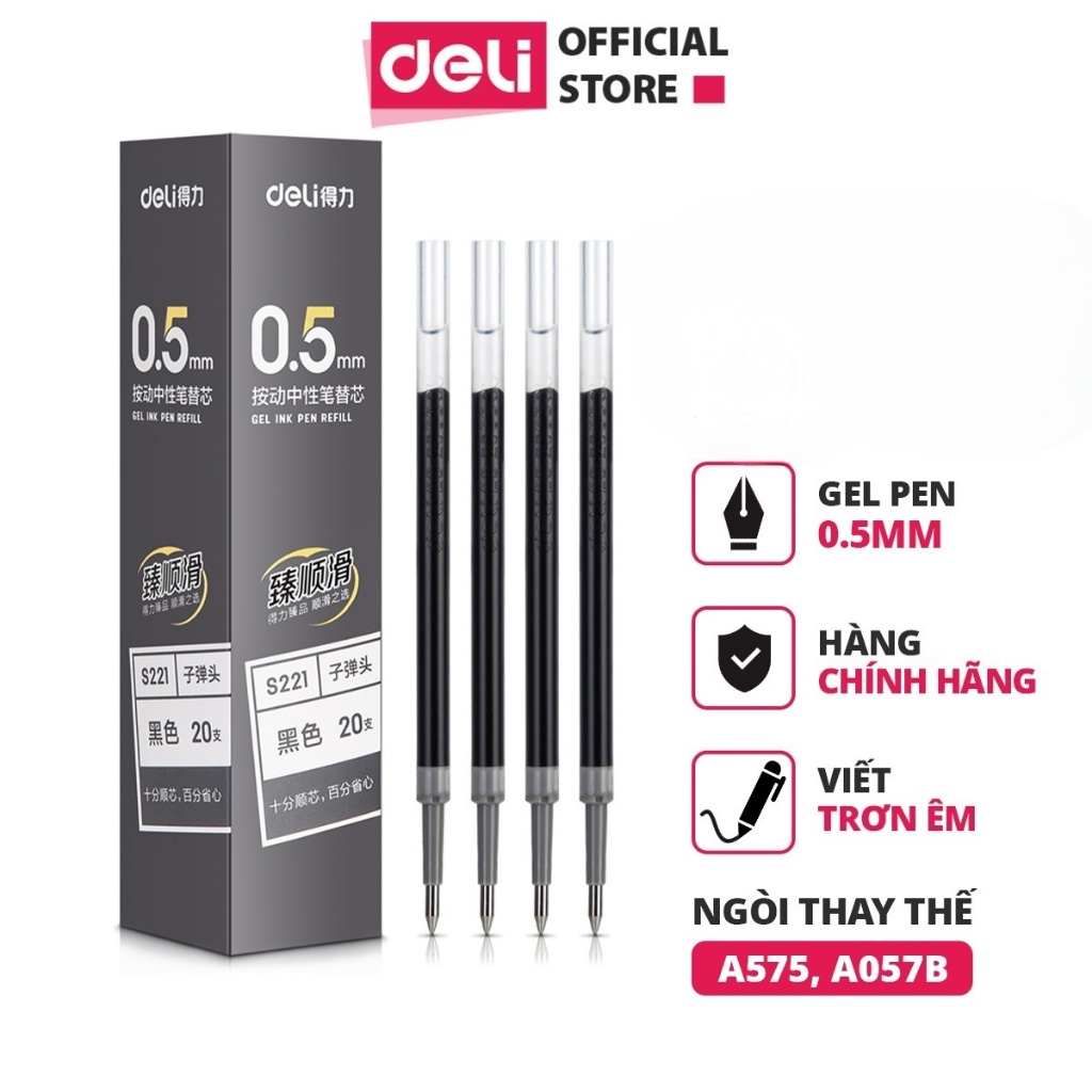 Ruột bút gel đen Deli S221 ngòi 0,5mm viết êm, trơn tru, mực cao cấp, nhanh khô dùng thay thế cho Bút A575