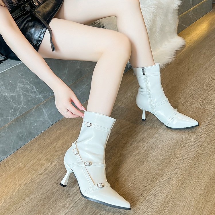 Giày Bốt Cao Gót Mũi Nhọn Phối Khóa Kéo Thời Trang Mùa Đông Cho Nữ