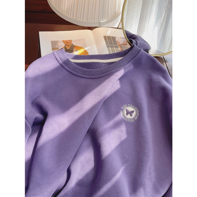 Áo Nỉ Mỏng Cổ Tròn Dáng Rộng Thêu Hình Bướm Phong Cách Xuân Thu Mới Cho Nữ