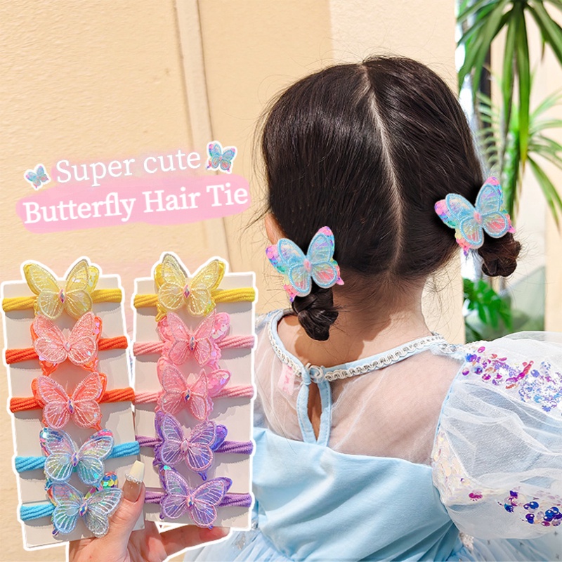 Bộ 4 Dây Buộc Tóc Cao Su Co Giãn Hình Bướm Hoạt Hình Phong Cách Hàn Quốc Cho Bé Gái