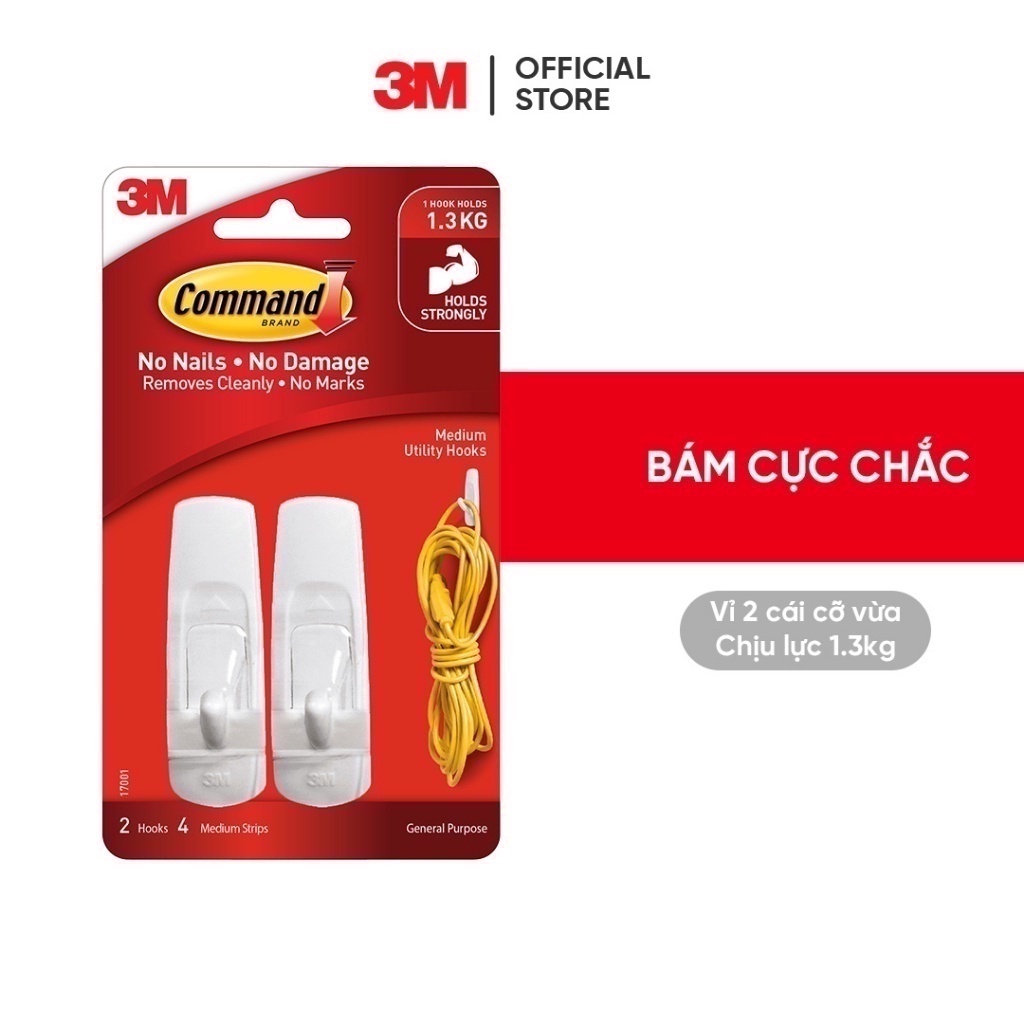 Móc dán tường Command 3M vỉ 2 cái cỡ vừa chịu lực 1.3kg bám chắc, tháo cực dễ 17001