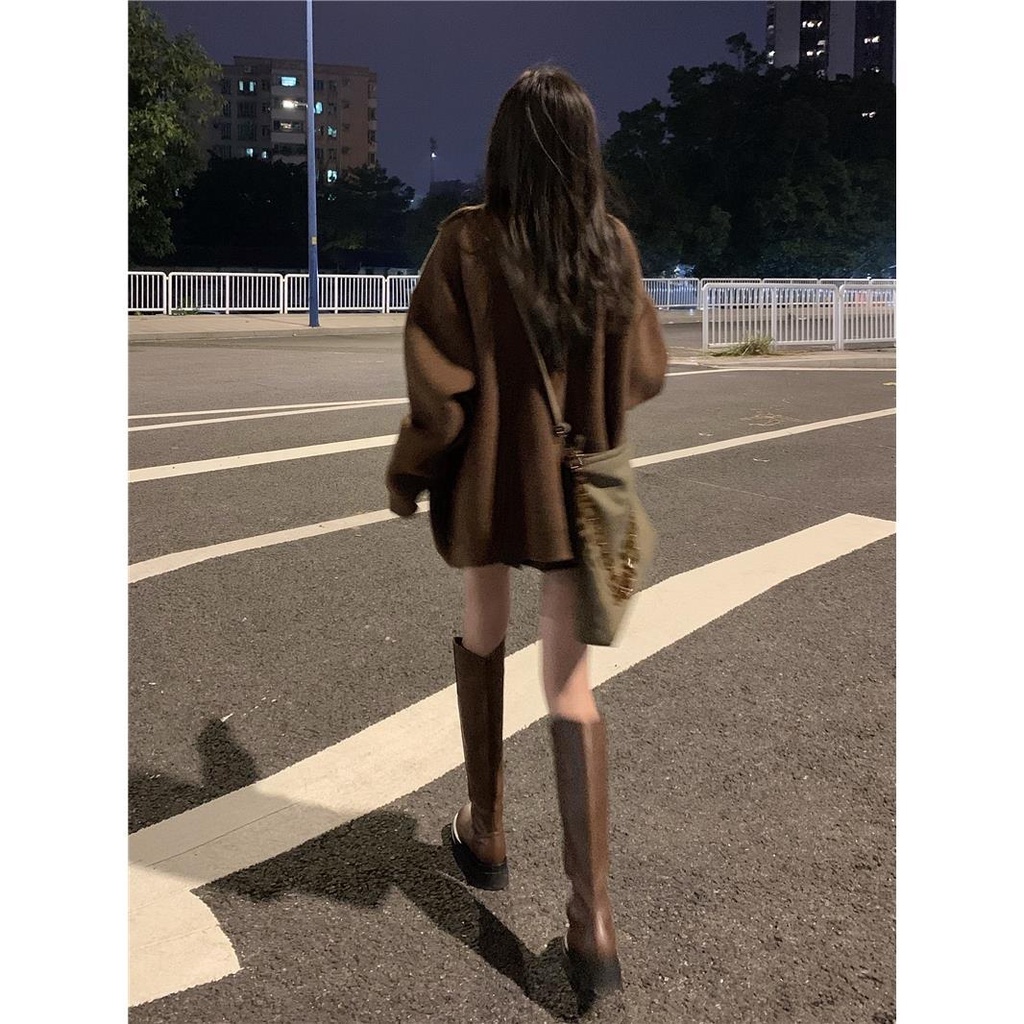 Xindahui Áo Khoác cardigan Dệt Kim Màu Cà Phê Thời Trang Thu Đông 2023 Cho Nữ