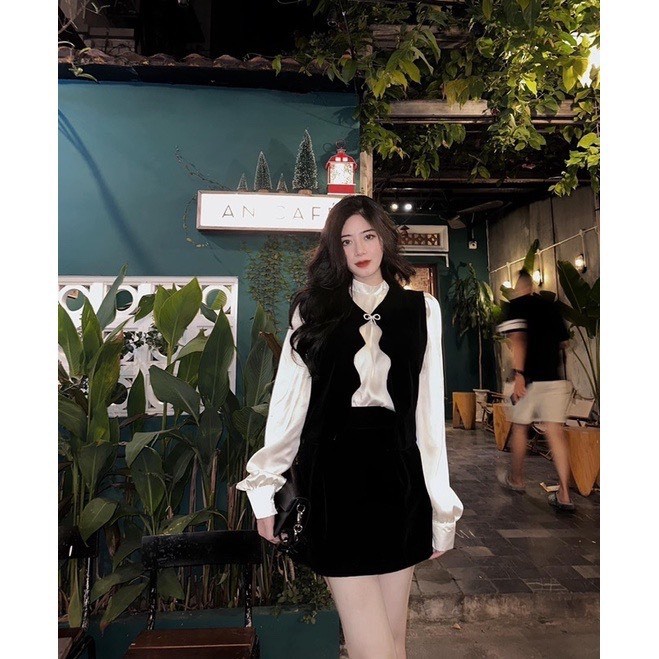 Set 3 món áo sơ mi mix ghile và chân váy nhung - Calina.vn