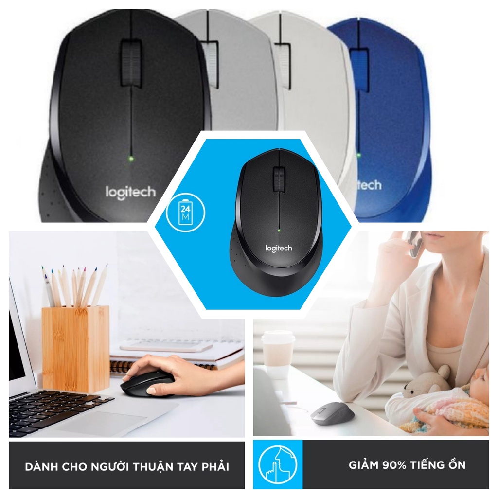Chuột không dây Logitech M330 Silent Plus giảm ồn 90% - USB 2.4GHz,chuột máy tính,hàng công ty, Bảo hành 6 tháng