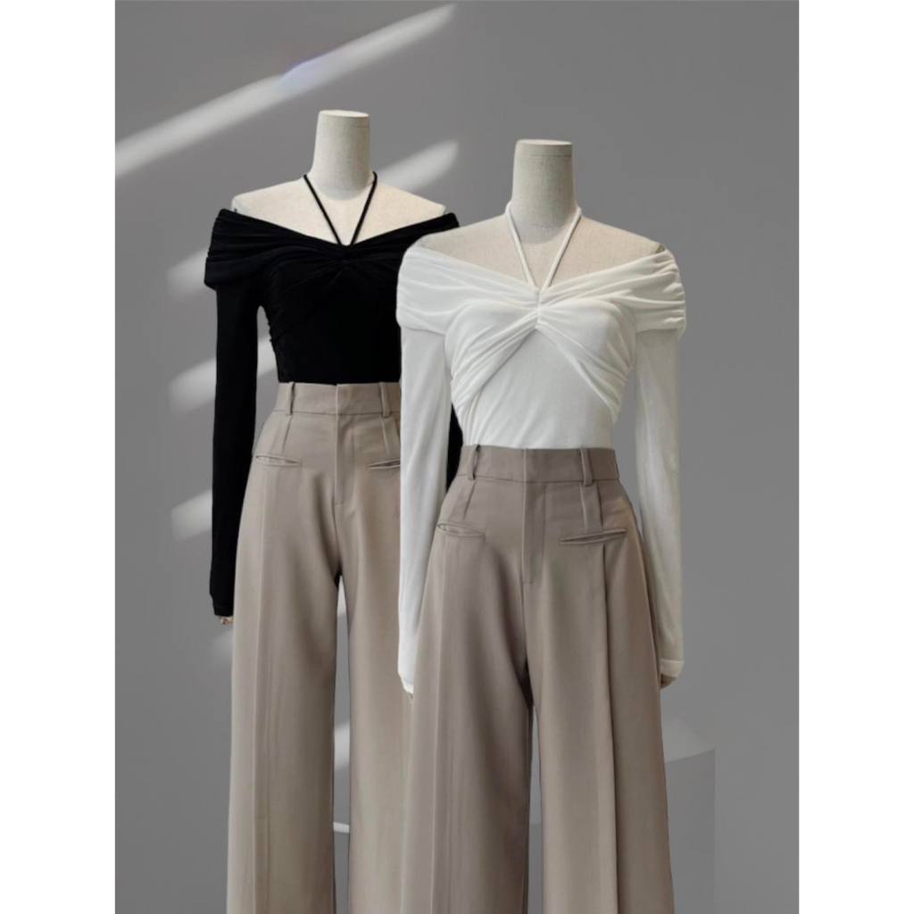 Áo thun ánh kim tay dài nhún ngực cột dây yếm 3 màu sang chảnh