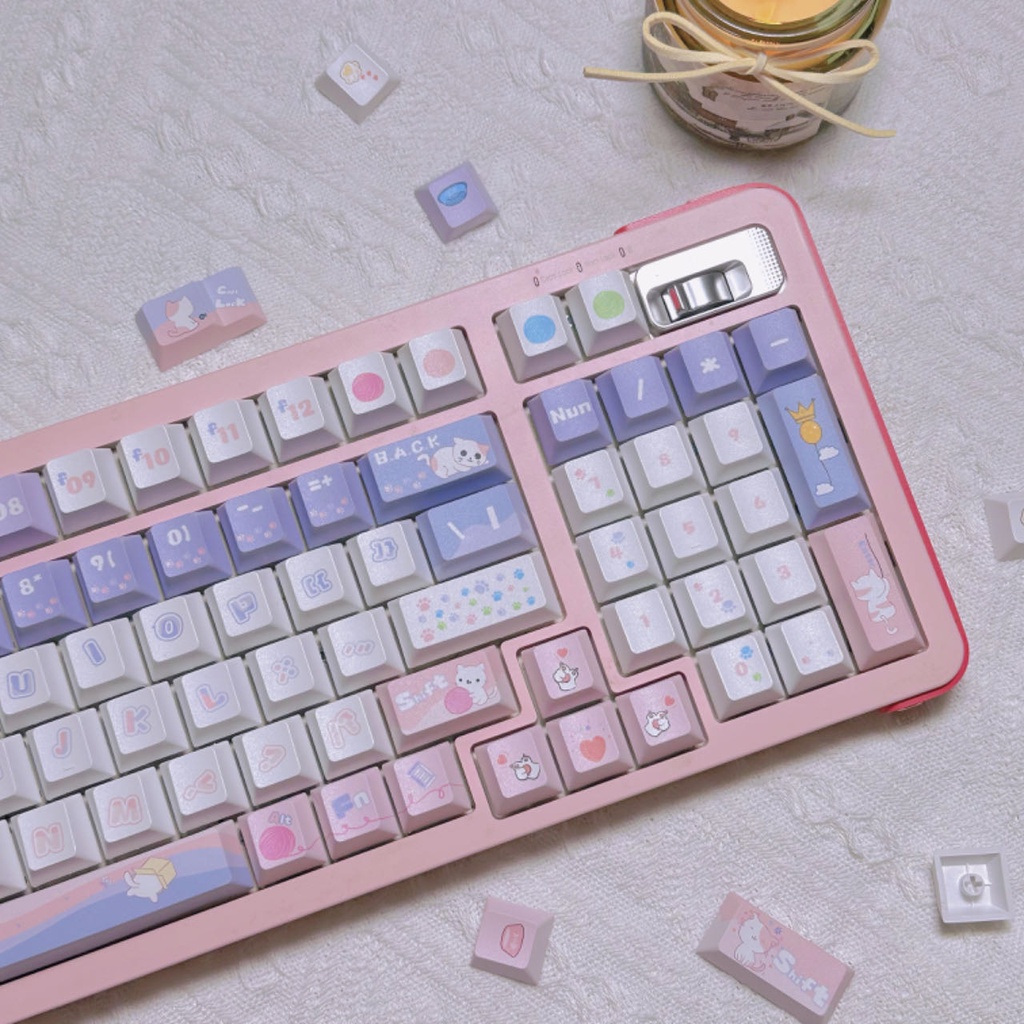 Bàn Phím Cơ 126 / 128 Phím Màu Hồng / Xanh Dương / Đen Họa Tiết Mèo Hawaii