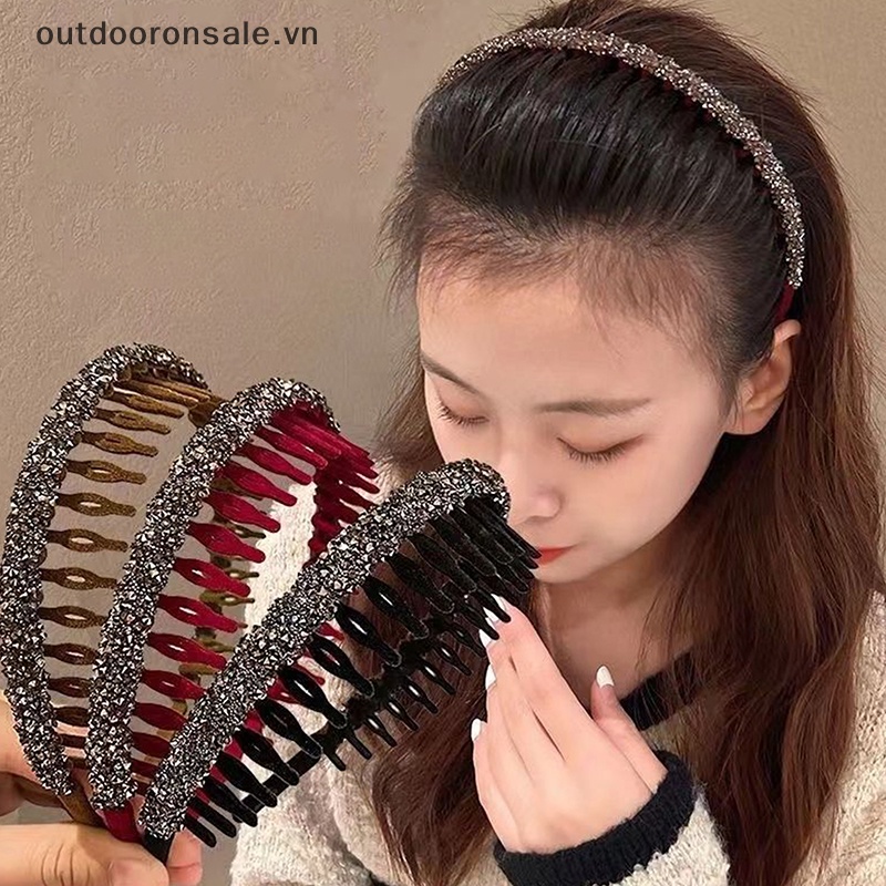 Băng Đô Cài Tóc Màu Trơn Đính Đá Có Răng Chống Trượt Thời Trang Cho Nữ