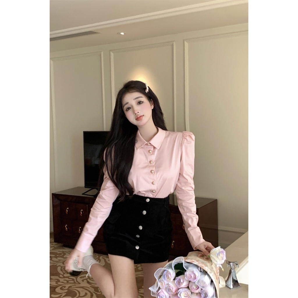 Áo Sơ Mi Tay Dài Phồng Màu Hồng Phong Cách Pháp Thời Trang Mùa Thu Cho Nữ