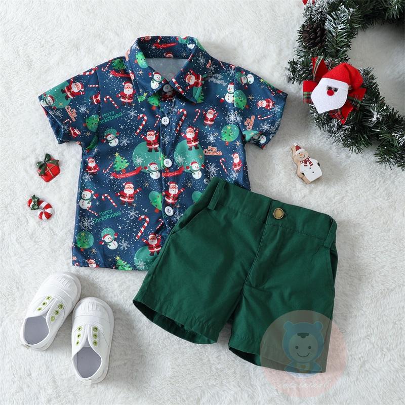 Laa6-bộ Áo Sơ Mi Ngắn Tay Cổ Bẻ In Họa Tiết Ông Già Noel + Quần short Màu Trơn Cho Bé Trai