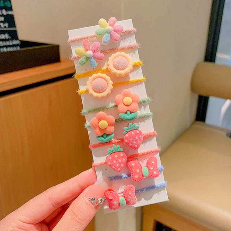 Set 10 Dây Buộc Tóc Cao Su Co Giãn Họa Tiết Hoạt Hình Phong Cách Hàn Quốc Cho Bé
