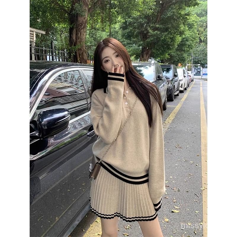 Bộ Áo sweater Dệt Kim Tay Dài + Chân Váy Xếp Ly Dáng Rộng Màu Sắc Tương Phản Phong Cách Hàn Quốc Thời Trang Mùa Thu 2023