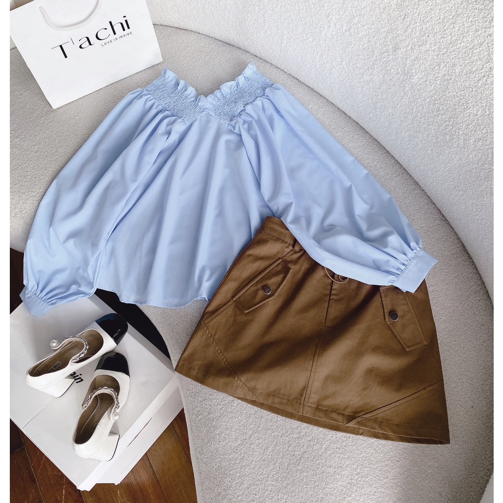 SET ÁO XANH TRỄ VAI BOTHUN TAY PHỒNG +CHÂN VÁY KAKI NÂU