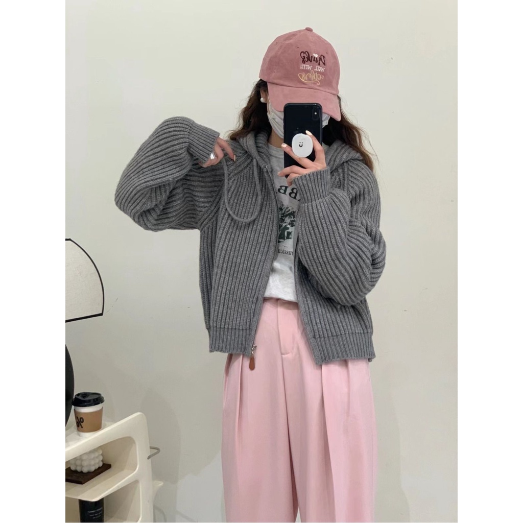 Áo Khoác cardigan Dệt Kim Có Mũ Trùm Dáng Rộng Thời Trang Thu Đông Cho Nữ