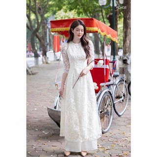 Áo dài cách tân nữ ren hoa tay bồng xẻ vai cách điệu - Calina.vn