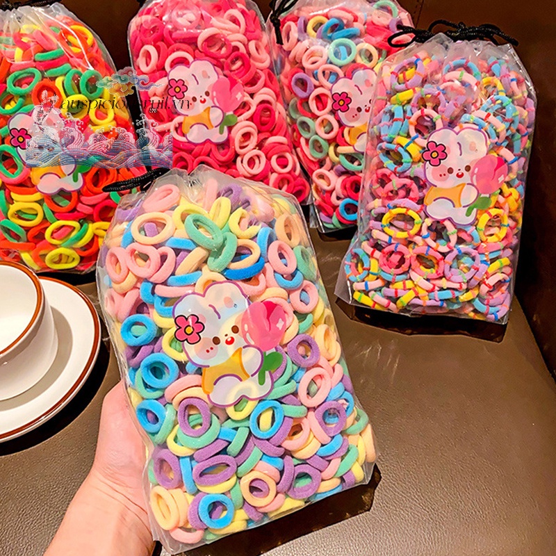 Auspiciousrui1 Set 100 Dây Buộc Tóc Cao Su nylon Co Giãn Nhiều Màu Sắc Cho Bé Gái