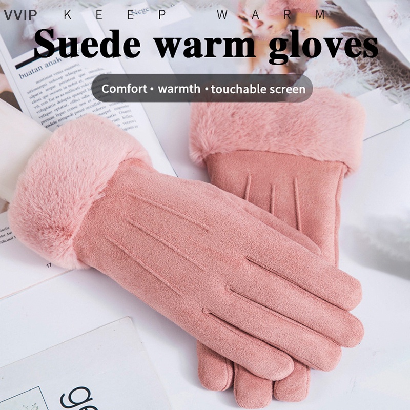 Găng Tay Da Lộn Lót Nhung Dày Dặn Giữ Ấm Mùa Đông Có Thể Chạm Màn Hình Cảm Ứng