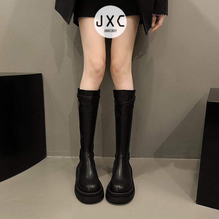 Giày Bốt Da pu Gót Thấp Mũi Tròn Phối Khóa Kéo Sau Phong Cách Anh Quốc Thời Trang Mùa Đông Cho Nữ