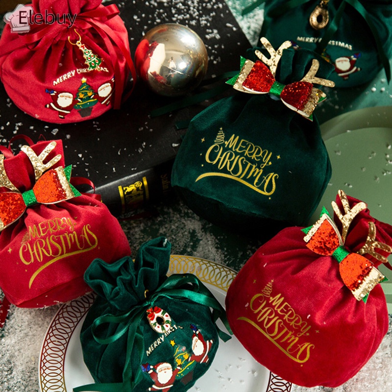 Túi Nhung Dây Rút Đựng Quà Giáng Sinh / Năm Mới Có Tay Cầm Hình Ông Già Noel