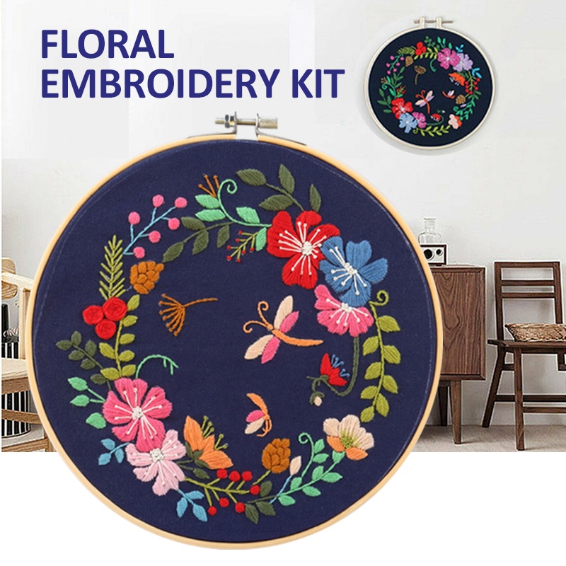 DIY Embroidery Kit Beginner Pre-Printed Floral Pattern Cross Stitch with Hoop