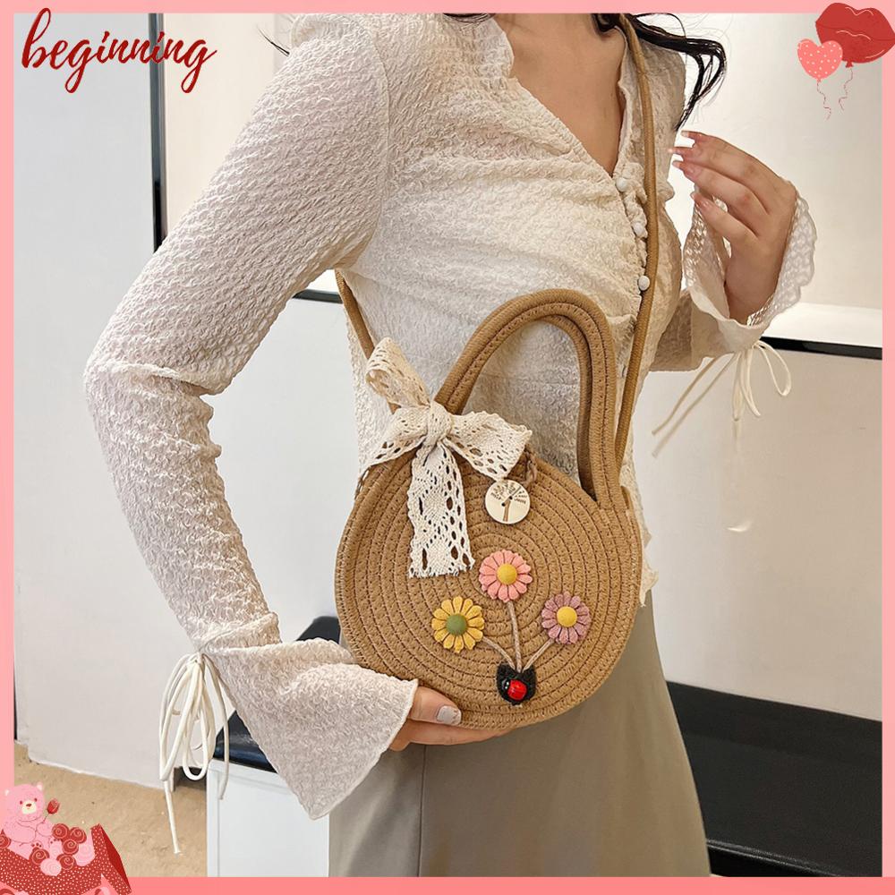 Túi Đeo Chéo Đan Len Hình Tròn Đính Hoa Dễ Thương Thời Trang Mùa Hè Cho Nữ