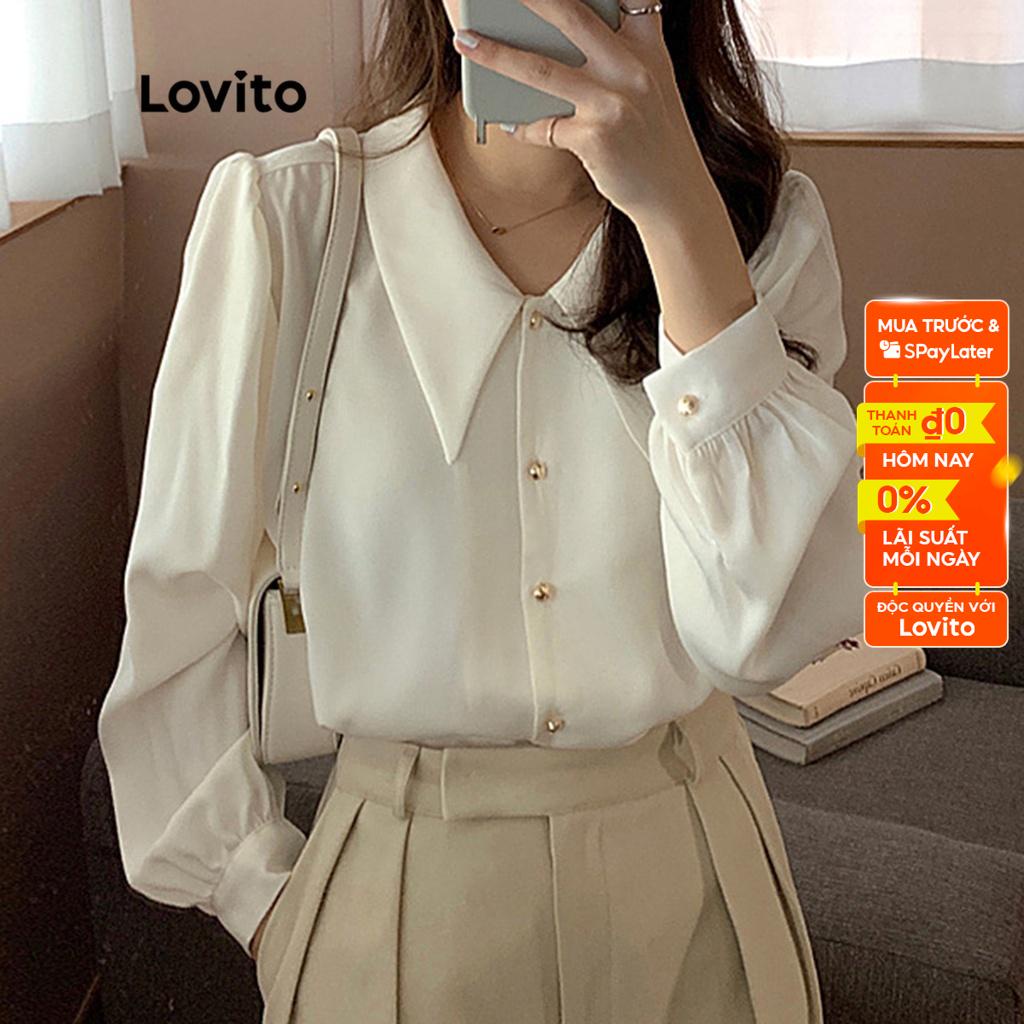 Áo Lovito tay dài cổ tương phản phối nút trước màu trơn cơ bản cho nữ LNL03009 (màu trắng/ đen)