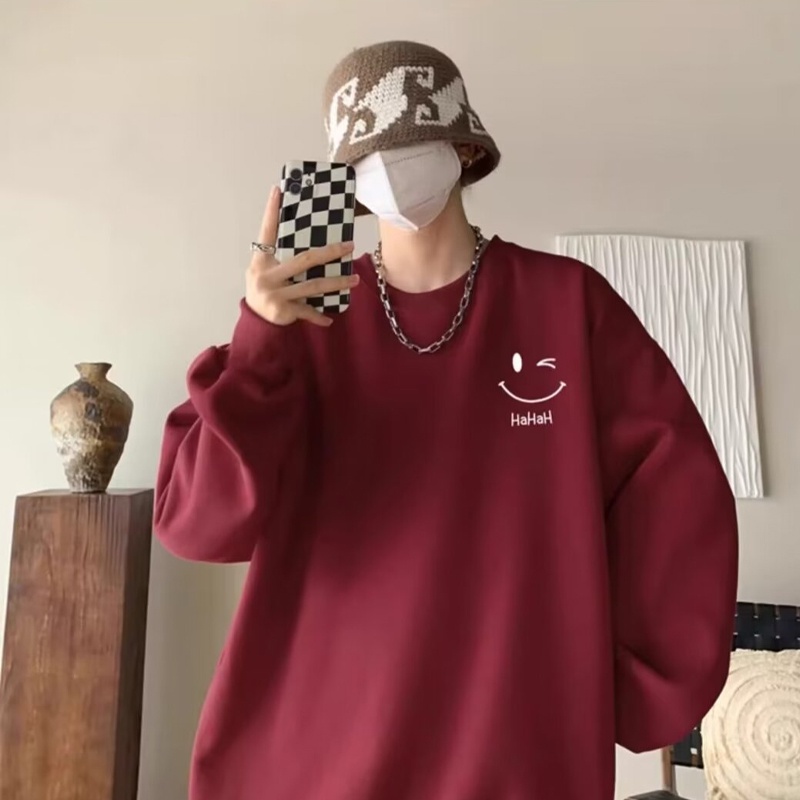 Áo Nỉ Tay Dài Cổ Tròn In Hình Mặt Cười Thời Trang Hàn Quốc Dành Cho Nam