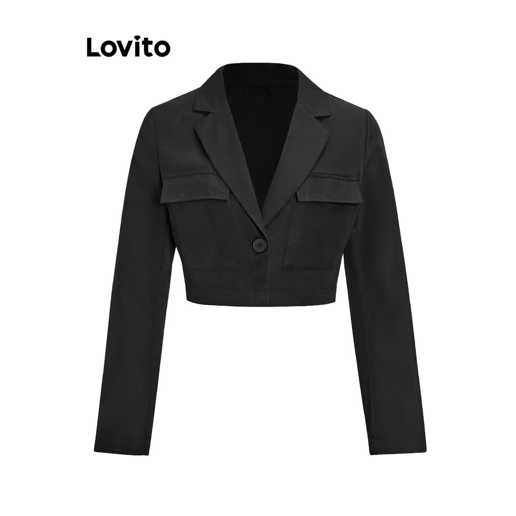 Áo blazer Lovito phối nút có túi màu trơn phong cách thường ngày dành cho nữ L58AD062 (Đen)