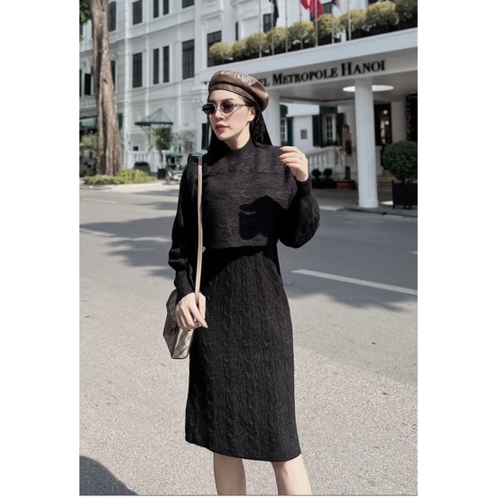 Sét đầm bầu SVL785 đầm len thừng sát nách kèm áo len croptop dài tay Tira Mama