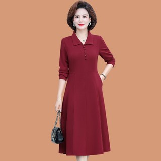 Mẹ Xuân Thu Quần Áo Dài Tay Màu Trơn Váy Dài Đến Đầu Gối Phong Cách Phương Tây Đầm Rộng Nữ Tính Khí Over-