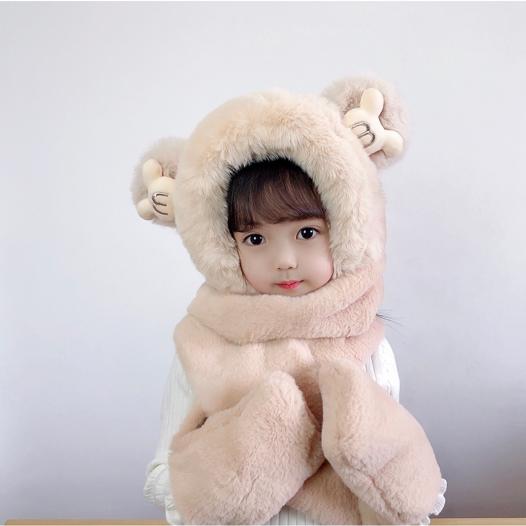 PVN61881 Mũ trùm đầu, mũ len kèm khăn choàng cổ và găng tay hình tai gấu đáng yêu cho bé T2