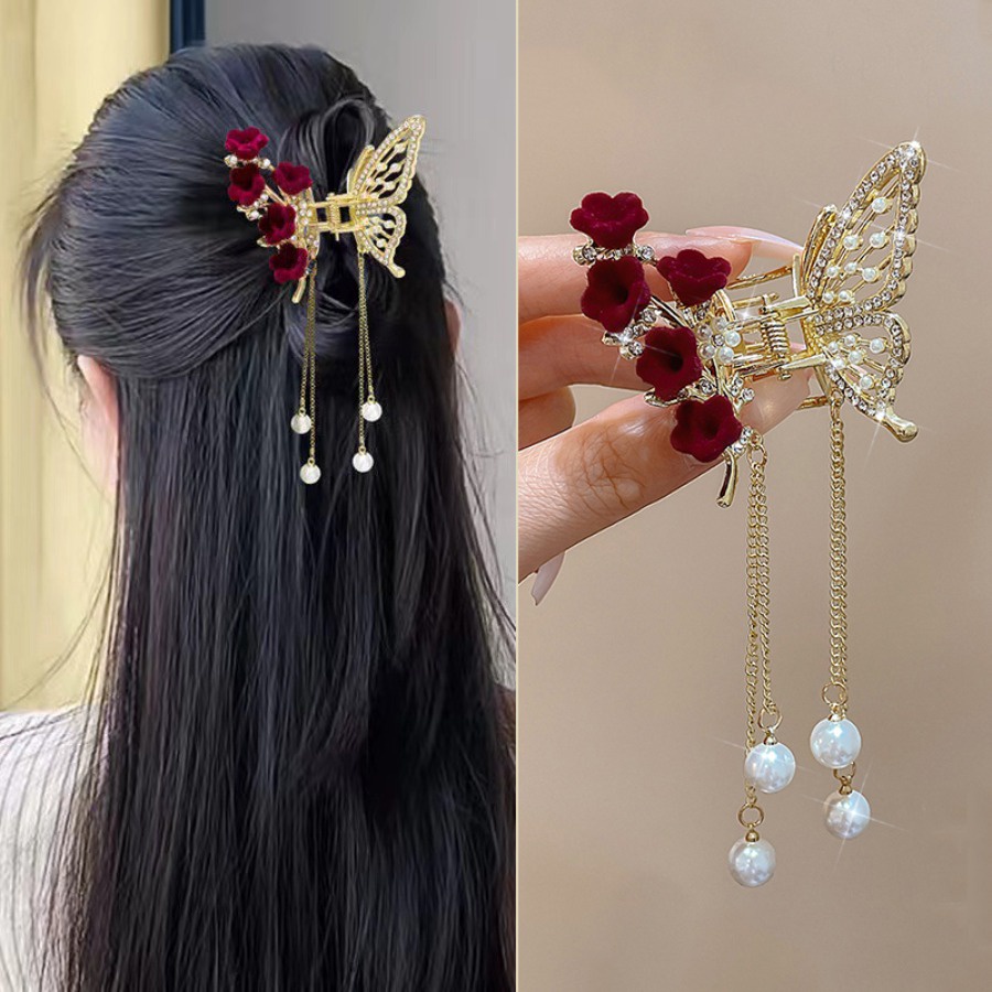 Kẹp Tóc Kim Loại Hình Bướm Đính Ngọc Trai Nhân Tạo Thời Trang