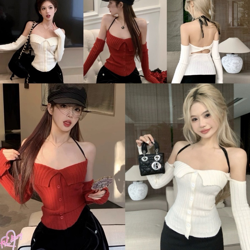 Áo thun dài tay gợi cảm Áo len dệt kim thời trang cổ chữ V nữ L018